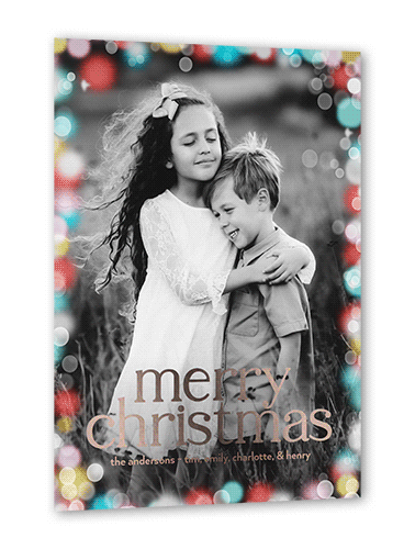 Confetti Bokeh Holiday Card, Red, Rose Gold Foil, 5x7, Christmas, Matte, Personalized Foil Cardstock, Square