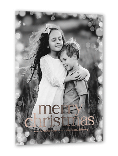 Confetti Bokeh Holiday Card, White, Rose Gold Foil, 5x7, Christmas, Matte, Personalized Foil Cardstock, Square