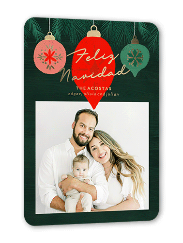 Ornament Fun Holiday Card, Gold Foil, Green, 5x7, Feliz Navidad, Matte, Personalized Foil Cardstock, Rounded