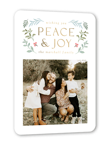 Peaceful Botanicals Holiday Card, White, Gold Foil, 5x7, Holiday, Matte, Personalized Foil Cardstock, Rounded