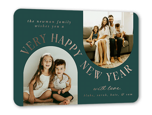 Flip Flop Holiday Card, Green, Rose Gold Foil, 5x7, New Year, Matte, Personalized Foil Cardstock, Rounded