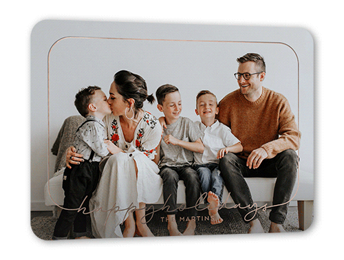 Writing Frame Holiday Card, White, Rose Gold Foil, 5x7, Holiday, Matte, Personalized Foil Cardstock, Rounded, White