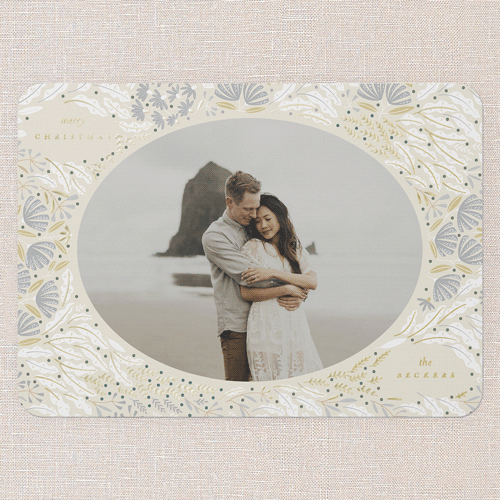 Camellia Adornment Holiday Digital Foil Card, Beige, Gold Foil, 5x7, Christmas, Matte, Personalized Foil Cardstock, Rounded, Apricot Mousse