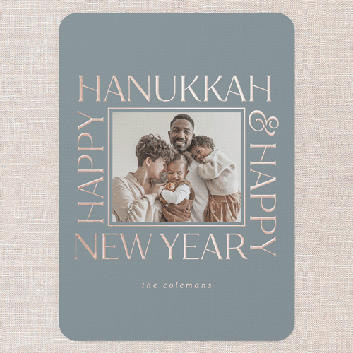 Twinkling Tidings Holiday Digital Foil Card, Rose Gold Foil, Blue, 5x7, Hanukkah, Matte, Personalized Foil Cardstock, Rounded, Feather