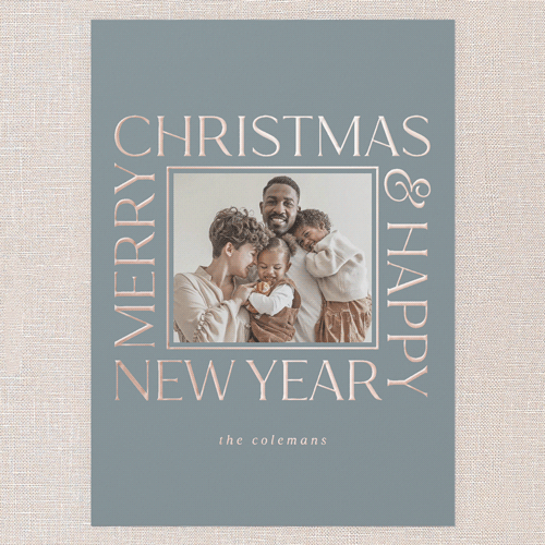 Twinkling Tidings Holiday Digital Foil Card, Rose Gold Foil, Blue, 5x7, Christmas, Matte, Personalized Foil Cardstock, Square, Feather