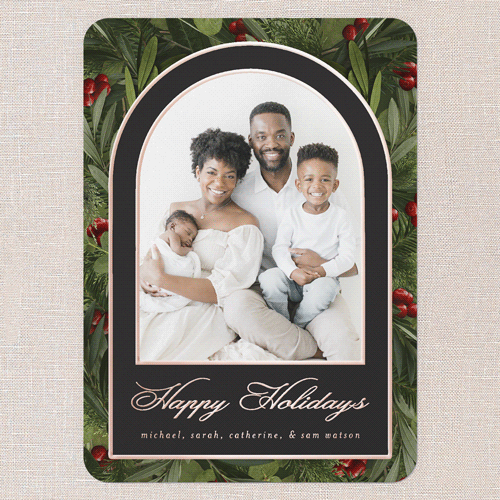 Arching Berries Holiday Card, Grey, Rose Gold Foil, 5x7, Holiday, Matte, Personalized Foil Cardstock, Rounded, Charcoal
