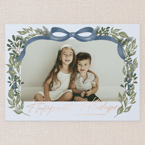 Joyful Ribbon Wishes Holiday Card, Rose Gold Foil, Blue, 5x7, Holiday, Matte, Personalized Foil Cardstock, Square, Blue