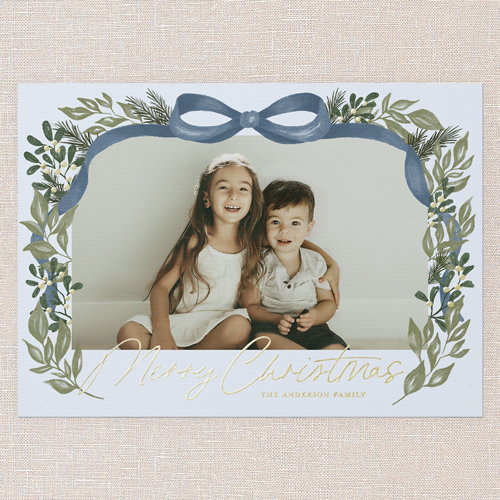 Joyful Ribbon Wishes Holiday Card, Blue, Gold Foil, 5x7, Christmas, Matte, Personalized Foil Cardstock, Square, Blue