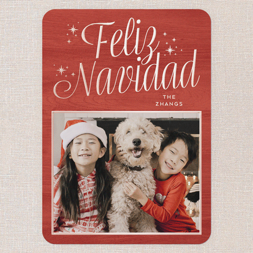 Elegant Merriment Holiday Card, Rose Gold Foil, Red, 5x7, Feliz Navidad, Matte, Personalized Foil Cardstock, Rounded