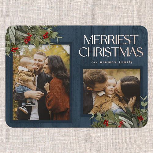 Classic Nordic Wishes Holiday Card, Rose Gold Foil, Blue, 5x7, Christmas, Matte, Personalized Foil Cardstock, Rounded, Blue