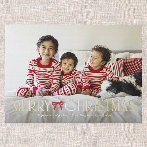 Blissful Beaming Bow Holiday Card, White, Gold Foil, 5x7, Christmas, Matte, Personalized Foil Cardstock, Square, White