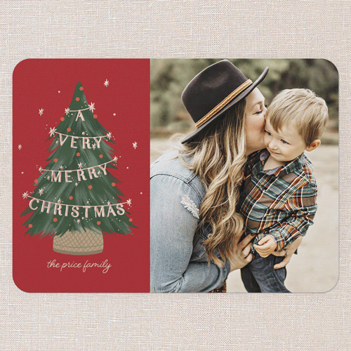 Pine Perfection Holiday Card, Red, Rose Gold Foil, 5x7, Christmas, Matte, Personalized Foil Cardstock, Rounded, Red