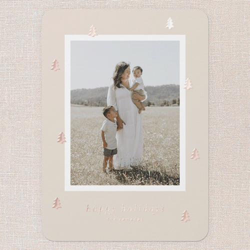 Beaming Trees Holiday Card, Pink, Rose Gold Foil, 5x7, Holiday, Matte, Personalized Foil Cardstock, Rounded, Blush