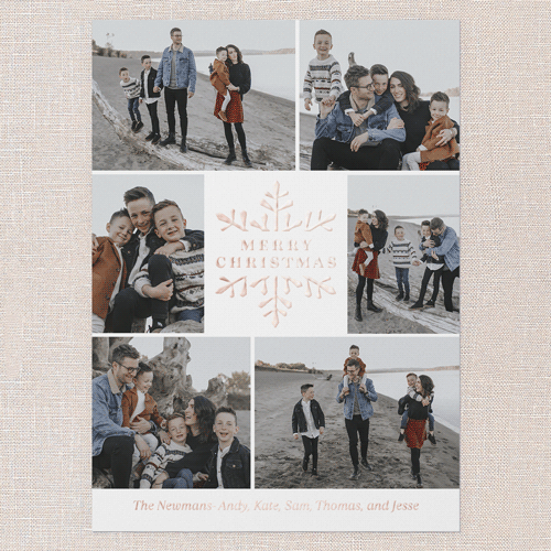 Snowy Shimmer Holiday Card, Rose Gold Foil, White, 5x7, Christmas, Matte, Personalized Foil Cardstock, Square, White