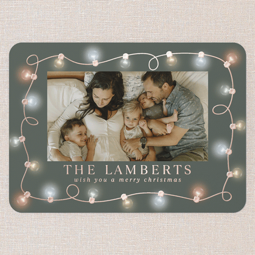 Merry and Bright Lights Holiday Card, Green, Rose Gold Foil, 5x7, Christmas, Matte, Personalized Foil Cardstock, Rounded, Green