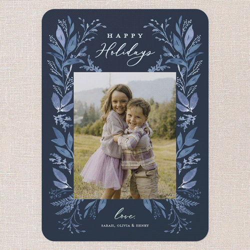 Leafy Surroundings Holiday Card, Iridescent Foil, Blue, 5x7, Holiday, Matte, Personalized Foil Cardstock, Rounded, Midnight