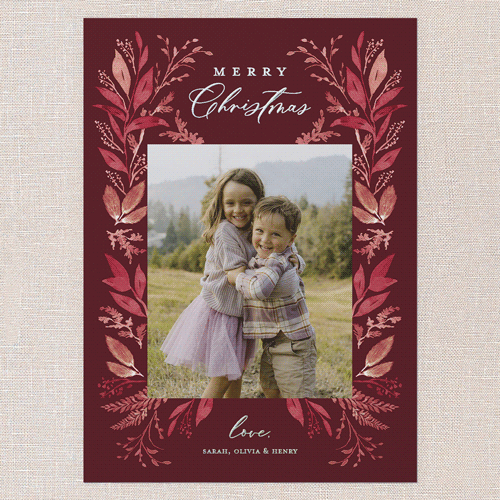 Leafy Surroundings Holiday Card, Iridescent Foil, Red, 5x7, Christmas, Matte, Personalized Foil Cardstock, Square, Marsala