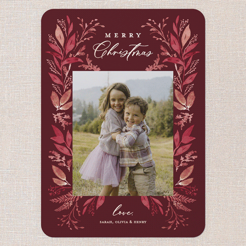 Leafy Surroundings Holiday Card, Red, Rose Gold Foil, 5x7, Christmas, Matte, Personalized Foil Cardstock, Rounded, Marsala