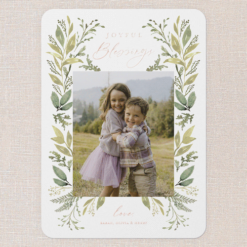 Leafy Surroundings Holiday Card, White, Rose Gold Foil, 5x7, Religious, Matte, Personalized Foil Cardstock, Rounded, White