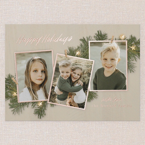 Festive Evergreen Holiday Card, Rose Gold Foil, Beige, 5x7, Holiday, Matte, Personalized Foil Cardstock, Square, Sand