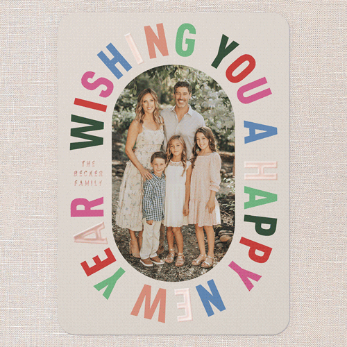 Encased In Color Holiday Card, Beige, Rose Gold Foil, 5x7, New Year, Matte, Personalized Foil Cardstock, Rounded, Adobe Blush