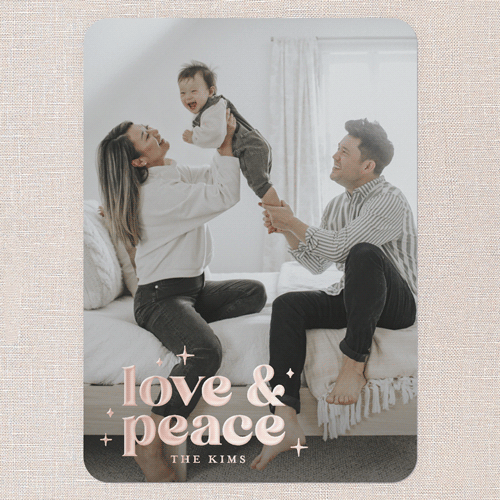 Shimmering Peaceful Love Holiday Card, White, Rose Gold Foil, 5x7, Holiday, Matte, Personalized Foil Cardstock, Rounded, White