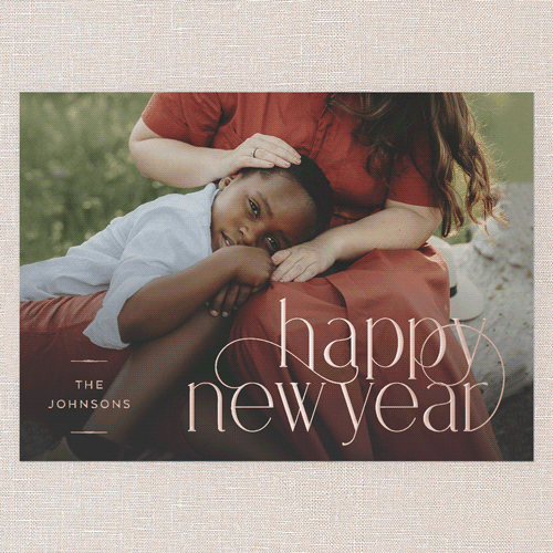 Dashing Details Holiday Card, White, Rose Gold Foil, 5x7, New Year, Matte, Personalized Foil Cardstock, Square, White