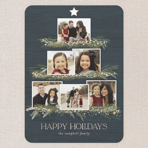 Together Tree Holiday Card, Blue, Rose Gold Foil, 5x7, Holiday, Matte, Personalized Foil Cardstock, Rounded, Blue