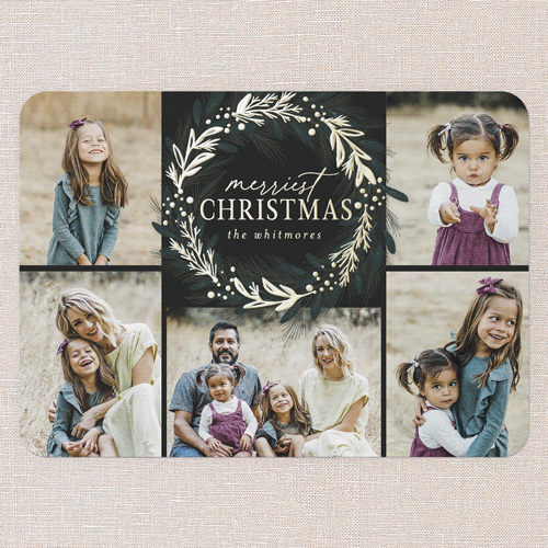 Foil Delight Wreath Holiday Card, Black, Gold Foil, 5x7, Christmas, Matte, Personalized Foil Cardstock, Rounded, Black