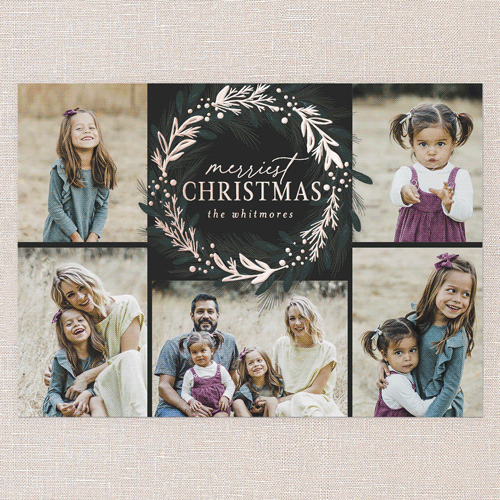 Foil Delight Wreath Holiday Card, Black, Rose Gold Foil, 5x7, Christmas, Matte, Personalized Foil Cardstock, Square, Black