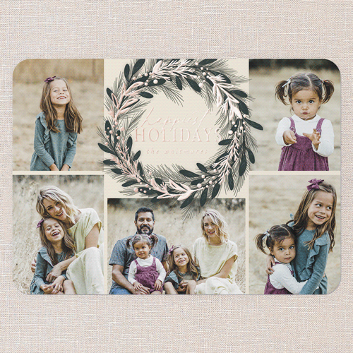 Foil Delight Wreath Holiday Card, Beige, Rose Gold Foil, 5x7, Holiday, Matte, Personalized Foil Cardstock, Rounded, Cream