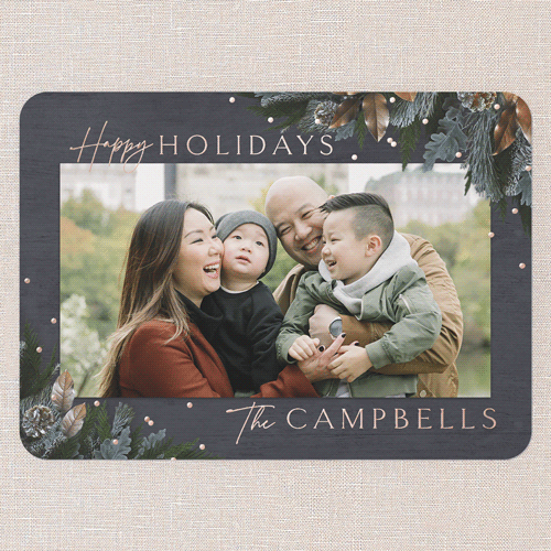 Mixed Metallic Marvel Holiday Card, Grey, Rose Gold Foil, 5x7, Holiday, Matte, Personalized Foil Cardstock, Rounded, Burnt Ash