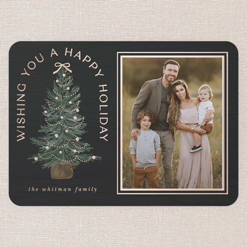Small Sapling Holiday Card, Black, Rose Gold Foil, 5x7, Holiday, Matte, Personalized Foil Cardstock, Rounded, Black
