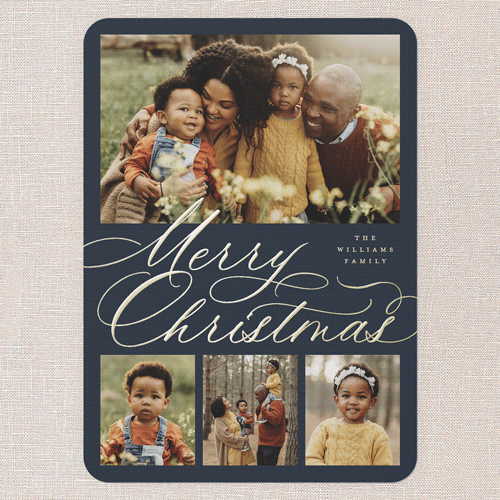 Timeless Penmanship Holiday Card, Blue, Gold Foil, 5x7, Christmas, Matte, Personalized Foil Cardstock, Rounded, Blue