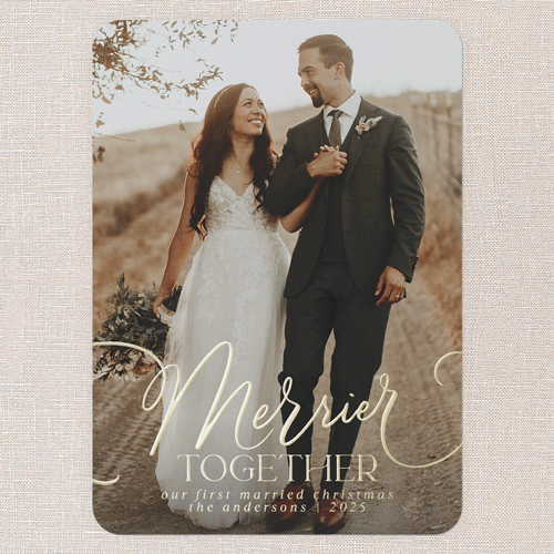 Joyful Whirls Holiday Card, Gold Foil, White, 5x7, Christmas, Matte, Personalized Foil Cardstock, Rounded, White