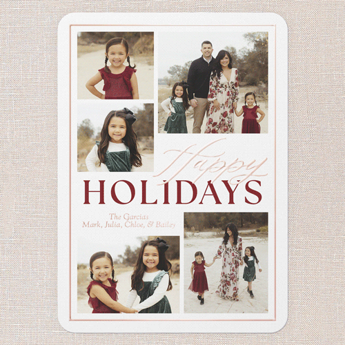 Classic Yuletide Holiday Card, White, Rose Gold Foil, 5x7, Holiday, Matte, Personalized Foil Cardstock, Rounded, White