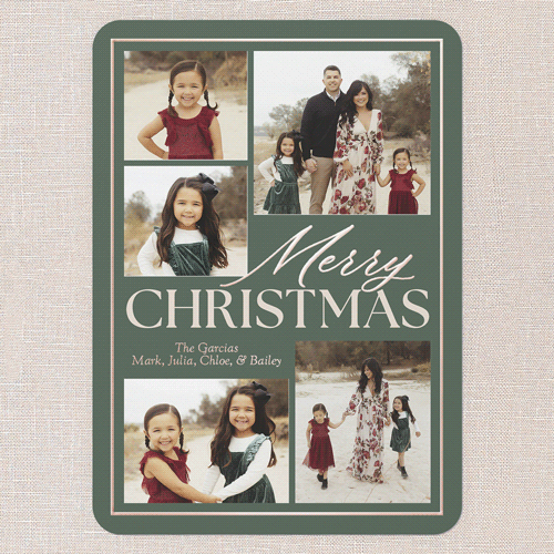 Classic Yuletide Holiday Card, Green, Rose Gold Foil, 5x7, Christmas, Matte, Personalized Foil Cardstock, Rounded, Green