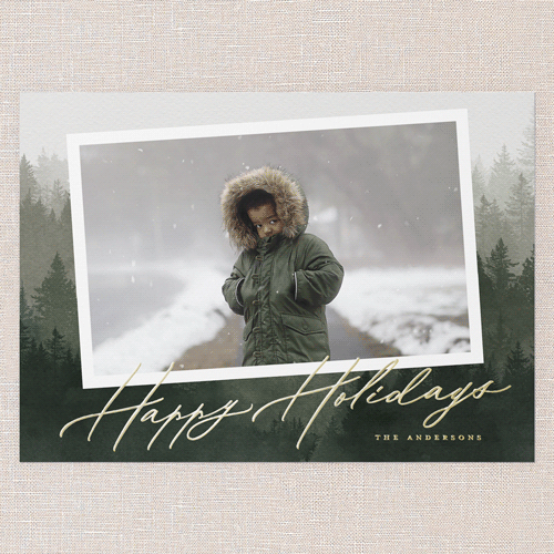 Scripted Forest Holiday Card, Green, Gold Foil, 5x7, Holiday, Matte, Personalized Foil Cardstock, Square, Pine Grove