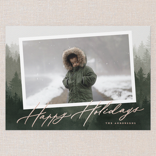 Scripted Forest Holiday Card, Rose Gold Foil, Green, 5x7, Holiday, Matte, Personalized Foil Cardstock, Square, Pine Grove