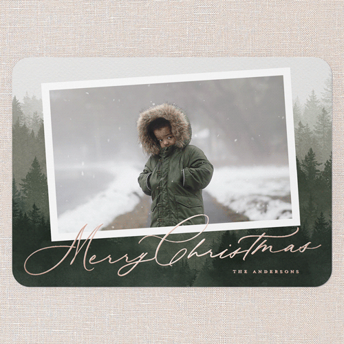 Scripted Forest Holiday Card, Green, Rose Gold Foil, 5x7, Christmas, Matte, Personalized Foil Cardstock, Rounded, Pine Grove