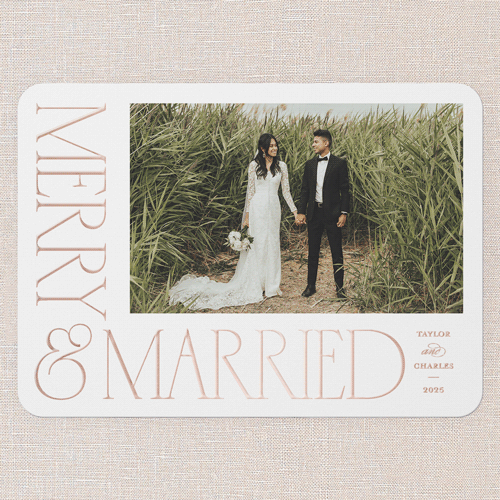 Serif Corner Holiday Card, Rose Gold Foil, White, 5x7, Christmas, Matte, Personalized Foil Cardstock, Rounded, White