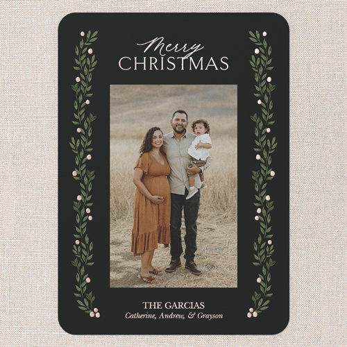 Classic Botanicals Holiday Card, Black, Rose Gold Foil, 5x7, Christmas, Matte, Personalized Foil Cardstock, Rounded, Black