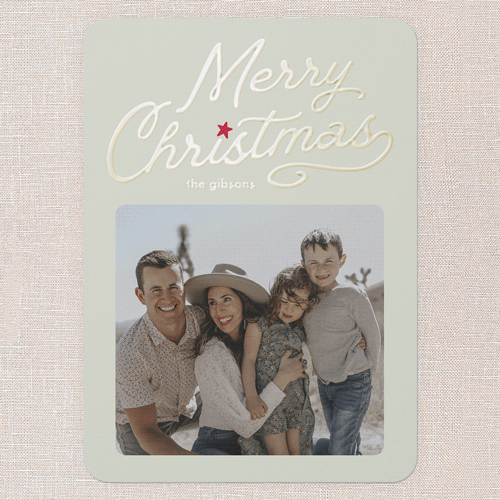 Vintage Script Holiday Card, Green, Gold Foil, 5x7, Christmas, Matte, Personalized Foil Cardstock, Rounded, Mint