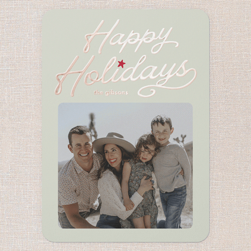 Vintage Script Holiday Card, Green, Rose Gold Foil, 5x7, Holiday, Matte, Personalized Foil Cardstock, Rounded, Mint