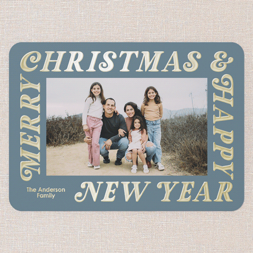 Wrap Around Holiday Card, Blue, Gold Foil, 5x7, Christmas, Matte, Personalized Foil Cardstock, Rounded, Blue