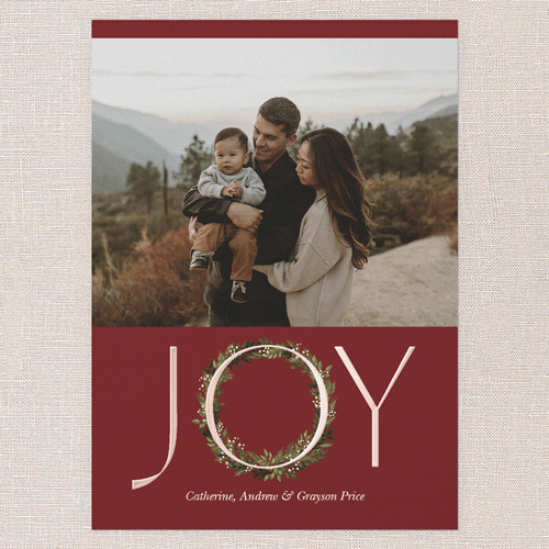 Wreathful Joy Holiday Card, Red, Rose Gold Foil, 5x7, Holiday, Matte, Personalized Foil Cardstock, Square, Red