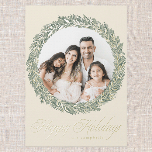 Timeless Wreath Holiday Card, White, Gold Foil, 5x7, Holiday, Matte, Personalized Foil Cardstock, Square, Almond
