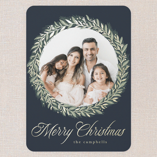 Timeless Wreath Holiday Card, Blue, Gold Foil, 5x7, Christmas, Matte, Personalized Foil Cardstock, Rounded, Cobalt