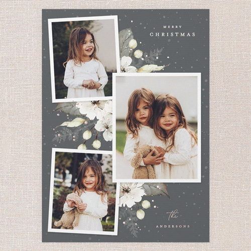 Winter Floral Frame Holiday Card, Rose Gold Foil, Grey, 5x7, Christmas, Matte, Personalized Foil Cardstock, Square, Burnt Ash