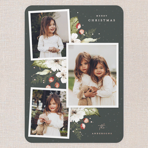 Winter Floral Frame Holiday Card, Rose Gold Foil, Green, 5x7, Christmas, Matte, Personalized Foil Cardstock, Rounded, Forest